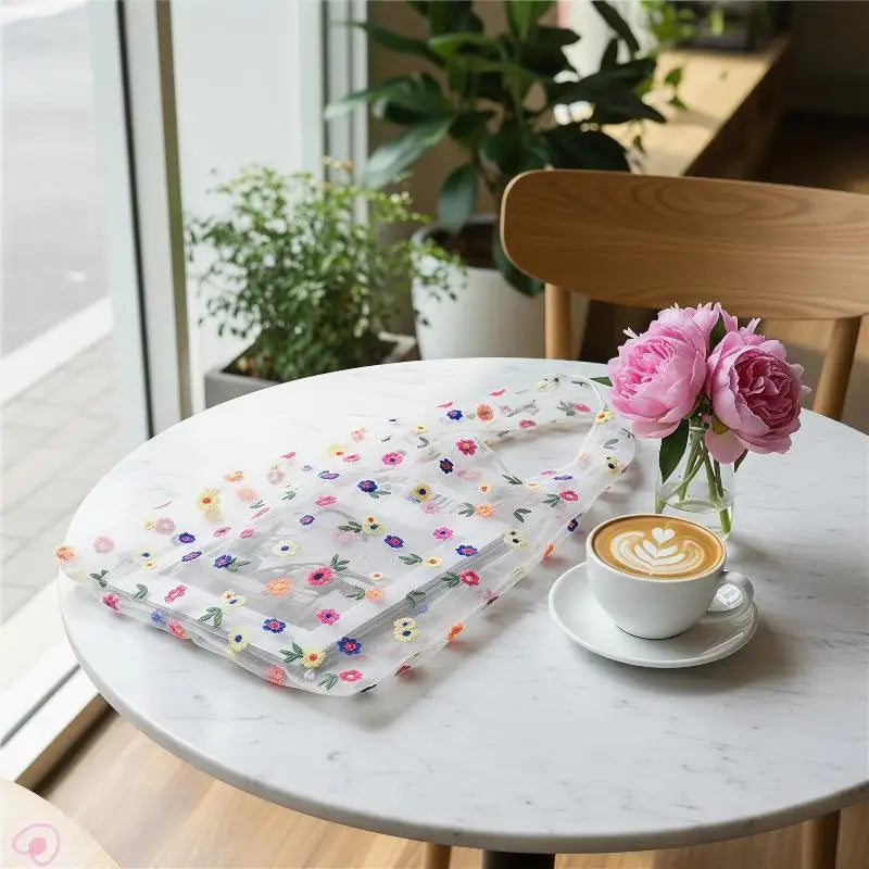 Mesh Embroidered Tote Bag with Colorful Flowers Perfect for Travel Home and Grocery Use Oasis Select