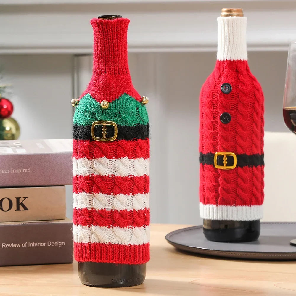 New Christmas decorations Knitted striped creative wine bottle sleeve Kitchen restaurant wine bottle dress up gift bag Oasis Select
