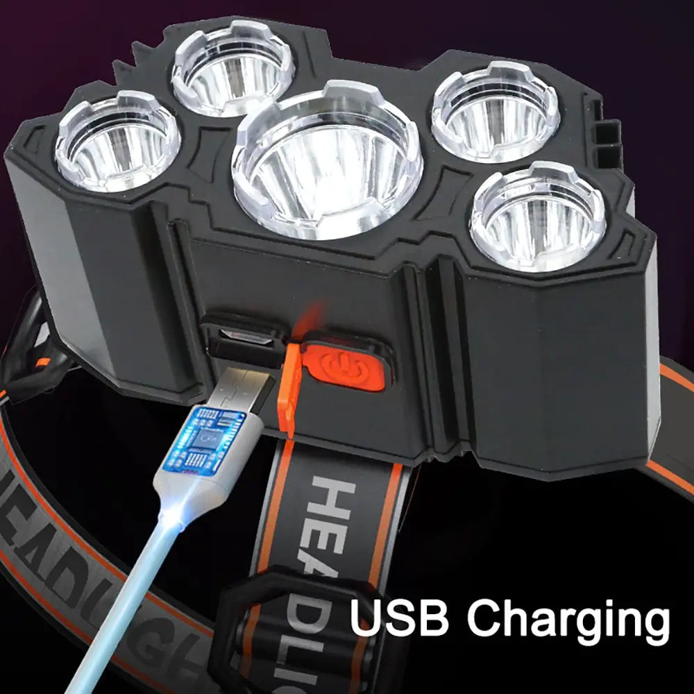 5 LED USB Rechargeable Headlamp – 4 Modes, Waterproof, 10W