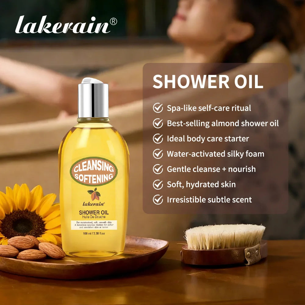 Lakerain Almond Shower Oil Gentle Full-body Cleanse Moisturize Irresistible Subtle Scent Silky Foam Ideal Body Care Shower Oil Oasis Select