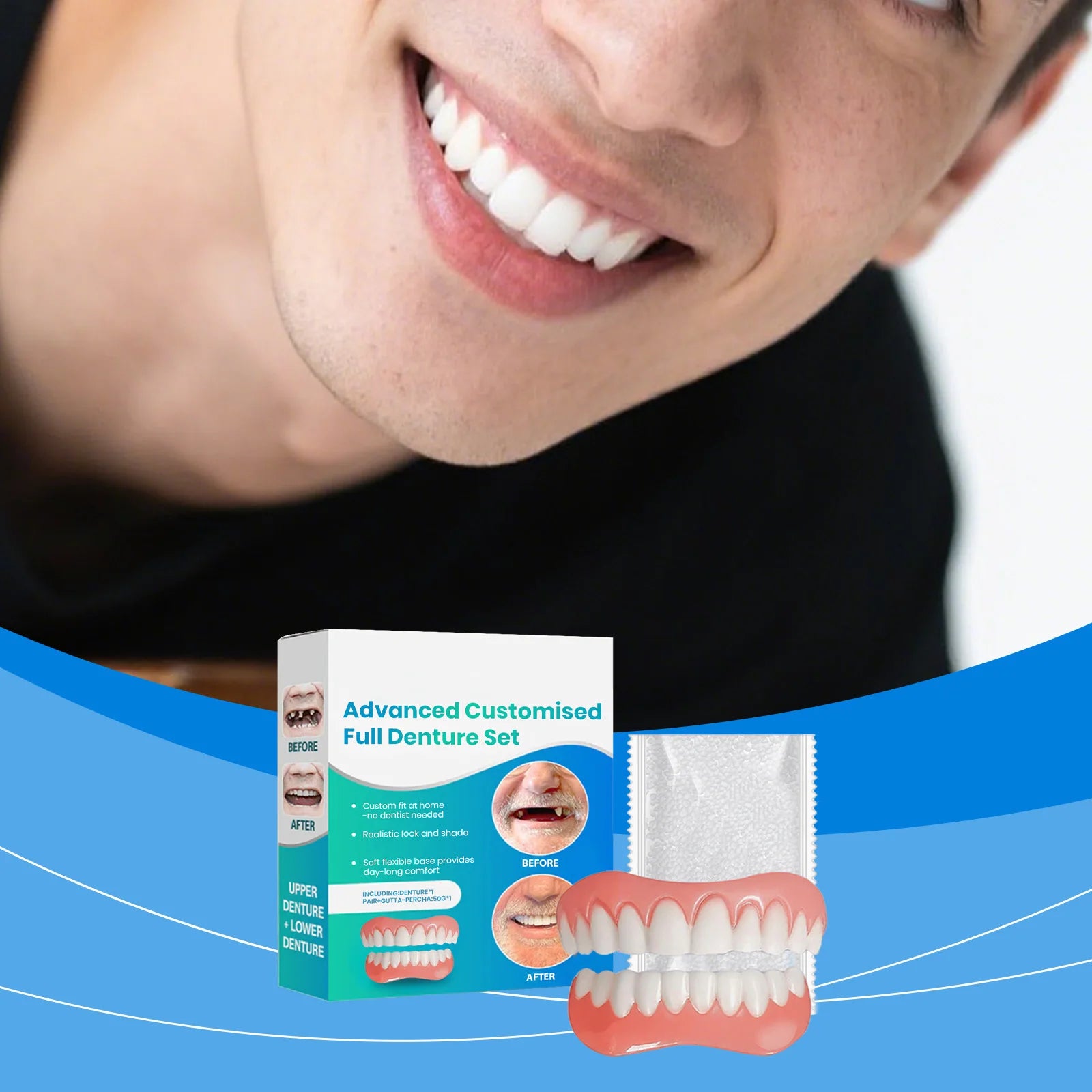 Silicone Denture Set for Upper Lower Teeth Soft Comfortable Bright White Moldable False Teeth Veneers Teeth Kit Fake Tooth Set Oasis Select