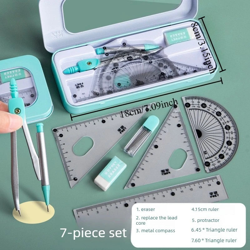 7pcs Student Geometry Tool Set Pastel Color Compass Protractor Ruler Kit with Case for School Drawing & Math Homework Oasis Select