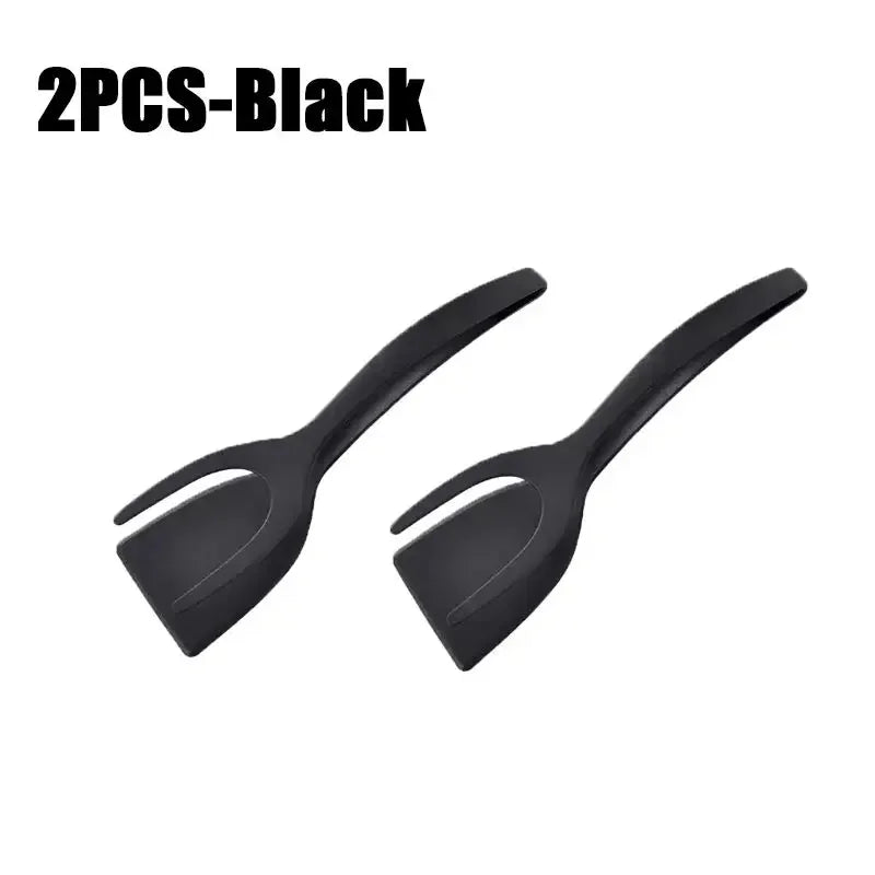 2 in 1 Shovel Clip Silicone Grip Flip Tongs Egg Steak Spatula Tongs Clamp Pancake Fried Turners Cooking Tool Kitchen Accessories Oasis Select 2PCS-Black