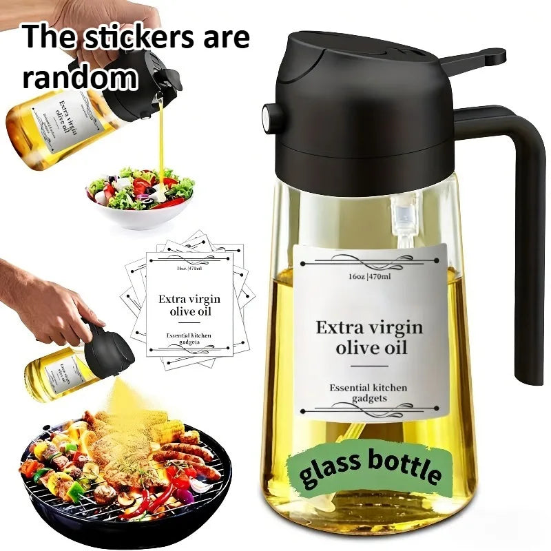 1pc 2-in-1 Olive Oil Dispenser & Sprayer, 16oz/470ml Dark Green Bottle, Durable Plastic with 6 Stickers, Kitchen Cooking Gadget Oasis Select transparent body