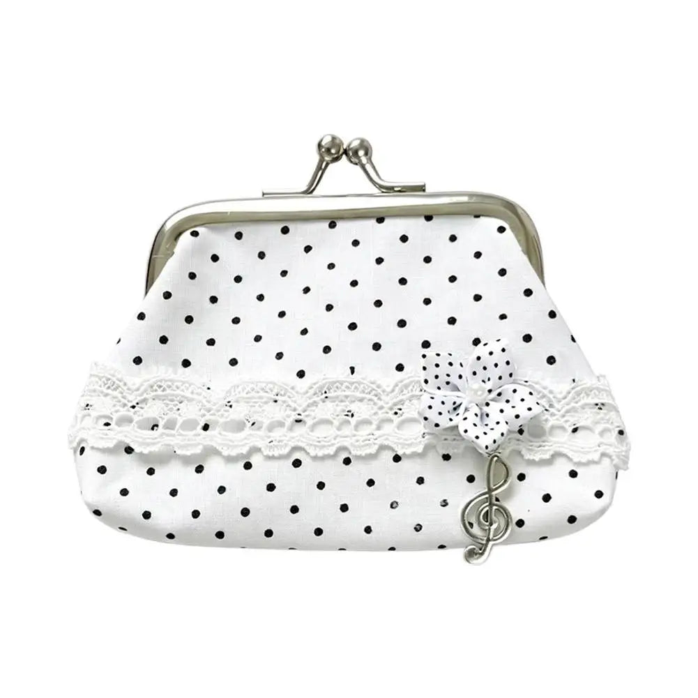 Retro Mini Pouch Polka Dot Coin Bag Women's Small Wallet Lace Decor Music Note Pendant Portable Storage Organizer Oasis Select White1