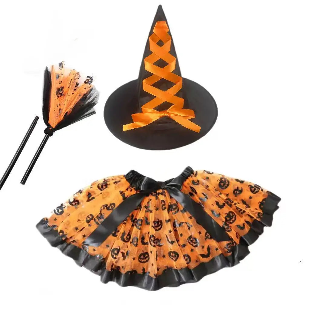 Halloween Pumpkin Dress Set Witch Broom Witch Hat Cover European and American Printed Mesh Dress Set Oasis Select Orange pumpkin one size fits all