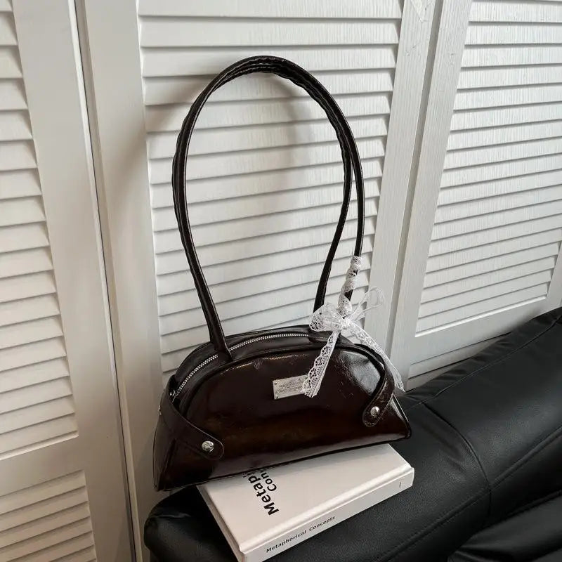 Women Casual PU Leather Tote Handbag Bow Leisure Armpit Handbag Solid Color Travel Underarm Handbag Female Dating Bag Oasis Select Coffee