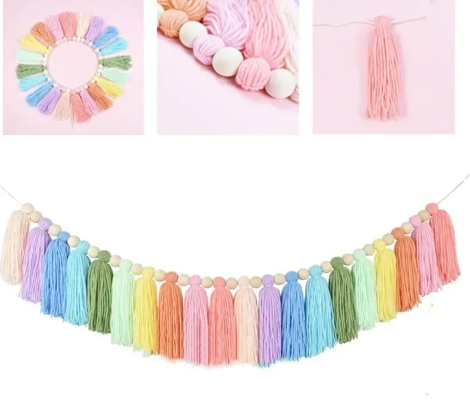 Rainbow Tassel Garland Colorful Pom Garland Wood Bead Easter Spring Girls Bedroom Wall Party Birthday Baby Shower Decor Oasis Select 05