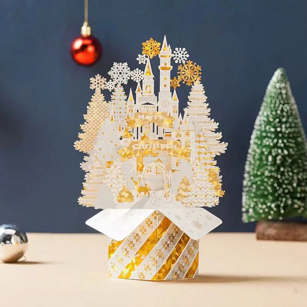 3D Pop-Up Christmas Card with Envelope – Gold Paper Carving