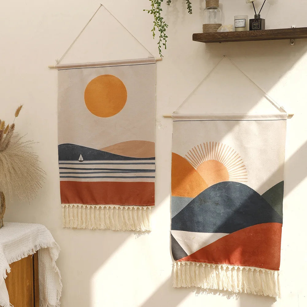 Hand-woven Sunrise and Sunset Print Tassel Tapestry Simple Studio Bedroom Living Room Background Hanging Cloth Oasis Select