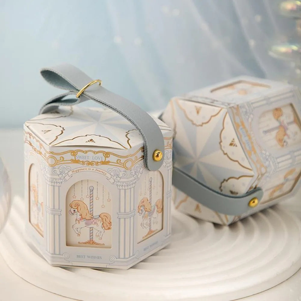 Beautiful Carousel Gift Box Leather Handle Wedding Candy Box Elegant Handheld Gift Bag Birthday Candy Tote Bag Decoration Oasis Select