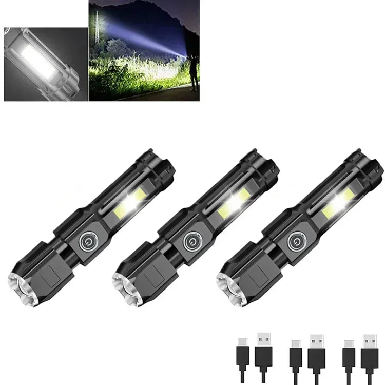 High Power Led Flashlight Super Bright Rechargeable Zoom Torch with COB Side Lights Outdoor Camping Night Fishing Lantern Oasis Select Package A 3pcs