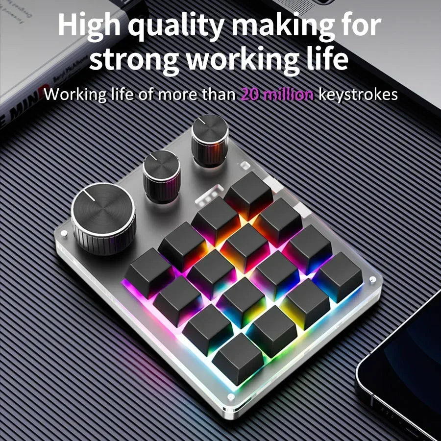 16 Keys 3 Mode Macro Mechanical Keyboard USB RGB Gaming Custom Programming Knob Portable Custom 6Keys 3Knob Switch For Photoshop Oasis Select