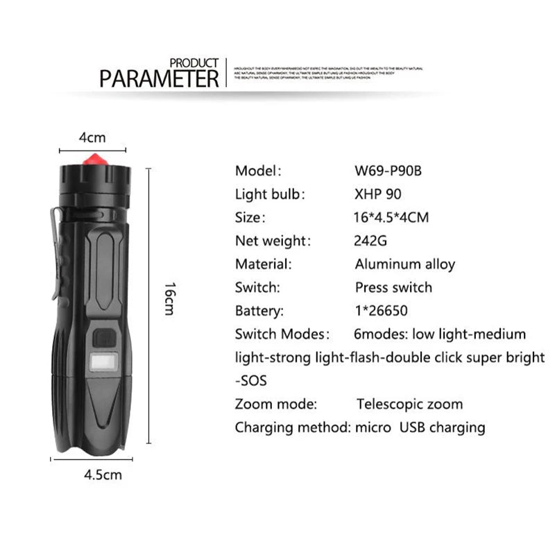 POCKETMAN 3800 Lumen Tactical Flashlight USB Rechargeable LED