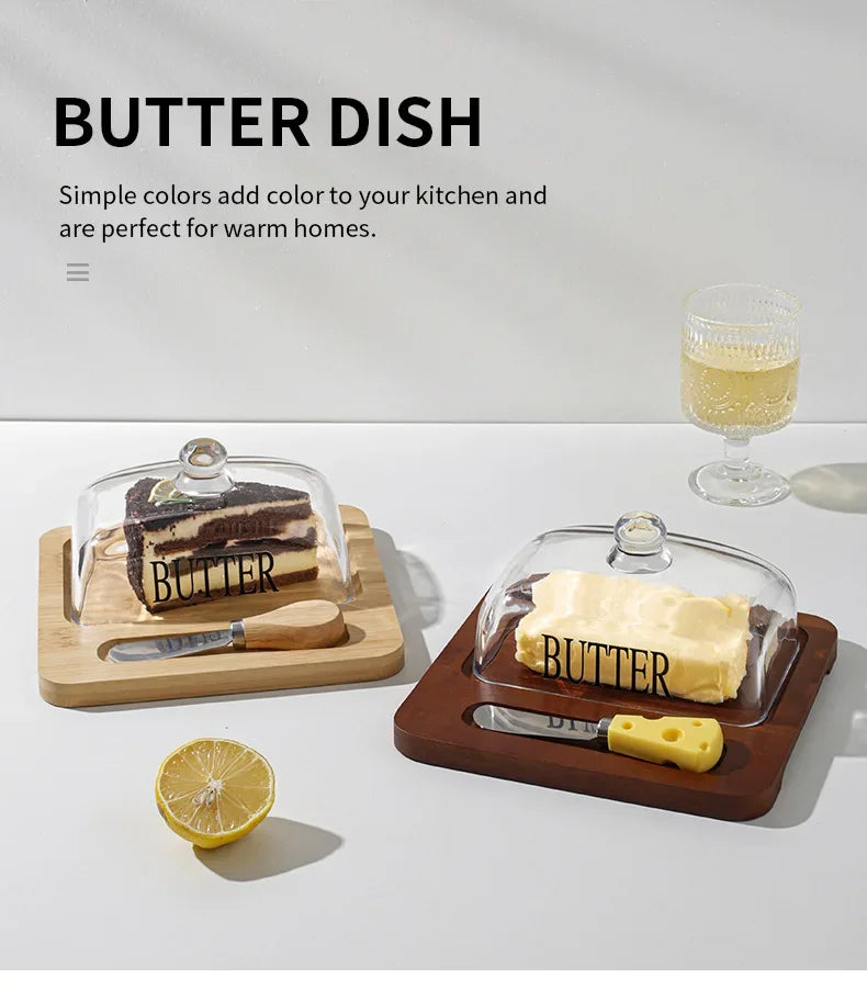 Wooden butter dish glass lid cheese box Butter cheese dessert plate cake dessert table display stand Oasis Select