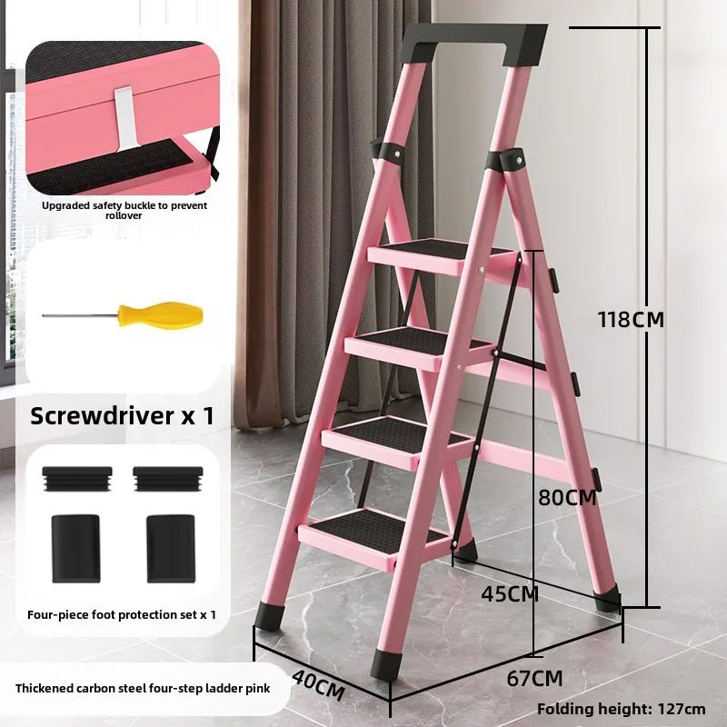 Home ladder stool folding zigzag ladder anti slip pedal ladder indoor and outdoor multifunctional portable ladder Oasis Select Four steps pink