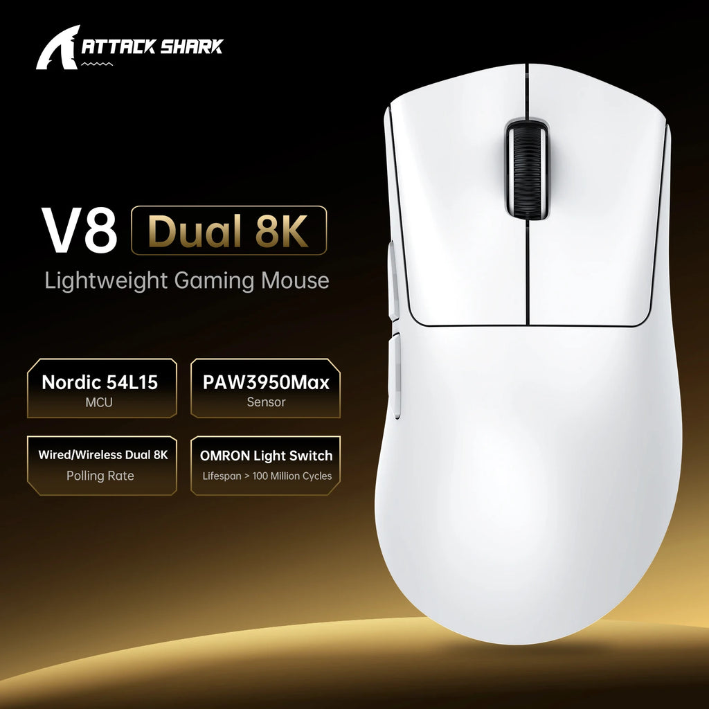 ATTACK SHARK V8 Dual 8K Gaming Wireless Mouse, PAW3950MAX 42K DPI, 8000Hz, 59g Lightweight Ice-Cool Coating, Nordic 54L15 MCU Oasis Select V8 White-Dual 8K