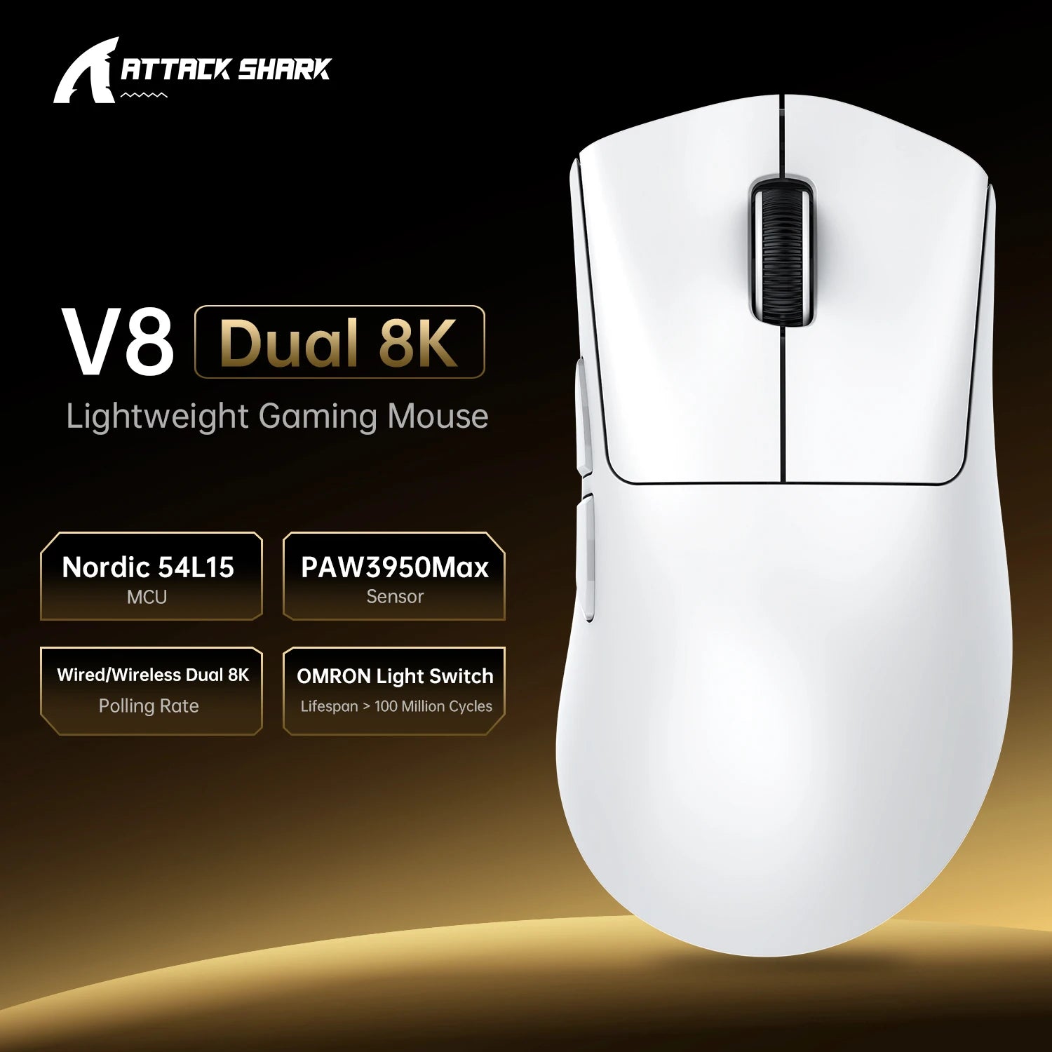 ATTACK SHARK V8 Dual 8K Gaming Wireless Mouse, PAW3950MAX 42K DPI, 8000Hz, 59g Lightweight Ice-Cool Coating, Nordic 54L15 MCU Oasis Select V8 White-Dual 8K
