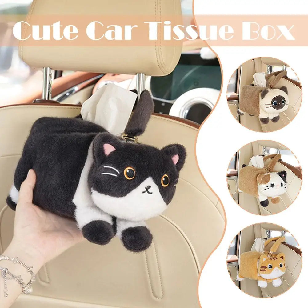 Cute Cat Plush Car Tissue Box Holder – Hanging Dispenser