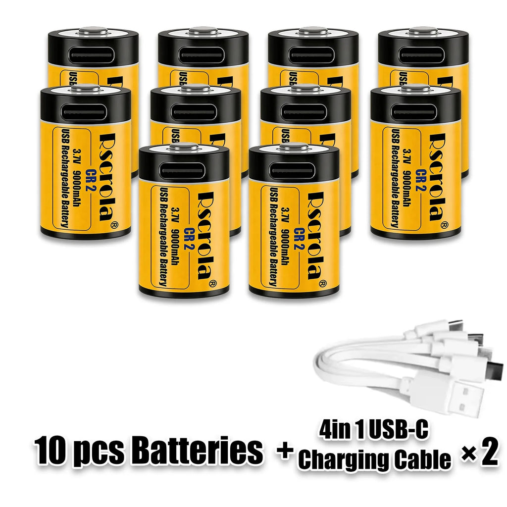 CR2 9000mAh 3.7V Li-ion Battery USB Fast Charging, Durable Rechargeable CR15H270 15270 for GPS Cameras Medical Oasis Select 10xCR2 2xCable4
