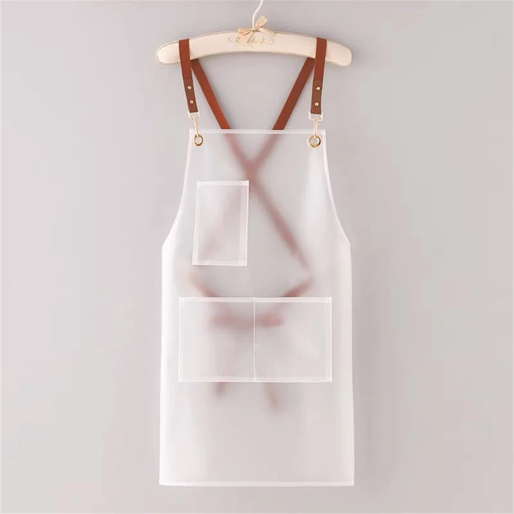 New Apron Waterproof And Oil-proof Strap Fashionable Korean-style Overalls Household Kitchen Cooking Women's TPU Work Clothes Oasis Select White 1