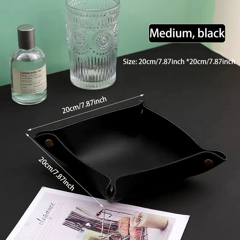 Living Room Entrance Key Storage Box Leather Desktop Cosmetics Storage Box Sundry European Tray Storage Box Oasis Select Black medium