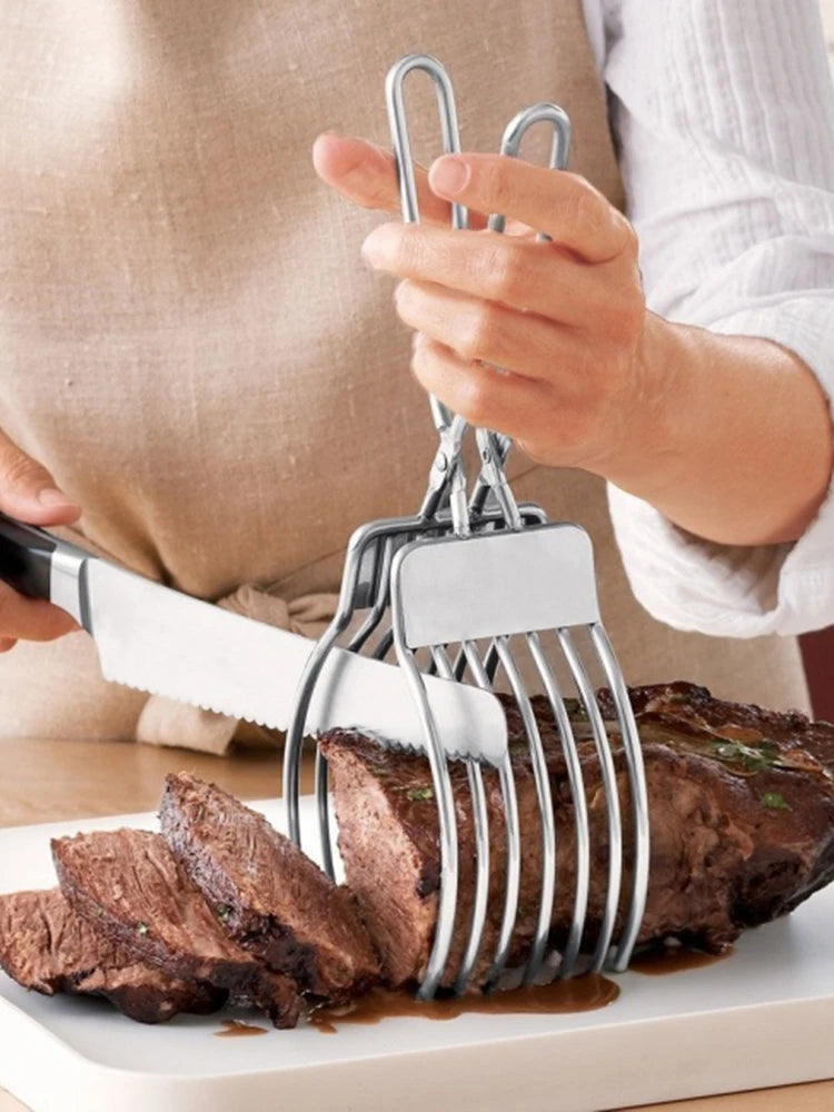 Stainless Steel Roast Beef Cutting Tongs Meat Bread Slicing Tong Food Holder For Slicing Vegetable Fruits Cutting Kitchen Tools Oasis Select