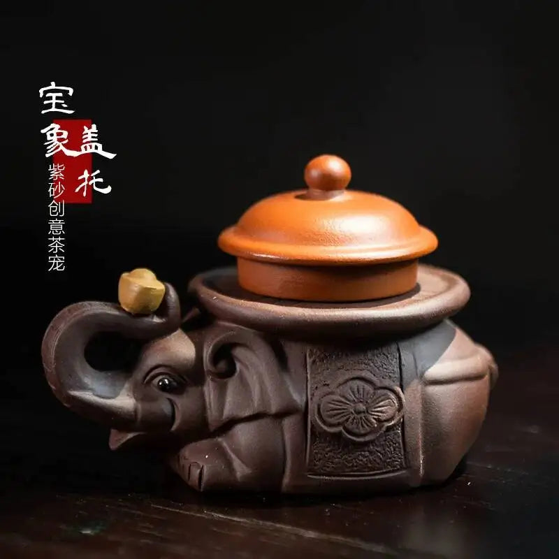 Zisha Tea Pet Elephant Ornament Teapot Lid Holder Handmade Ingot Elephant Sculpture Tea Play Accessories Oasis Select