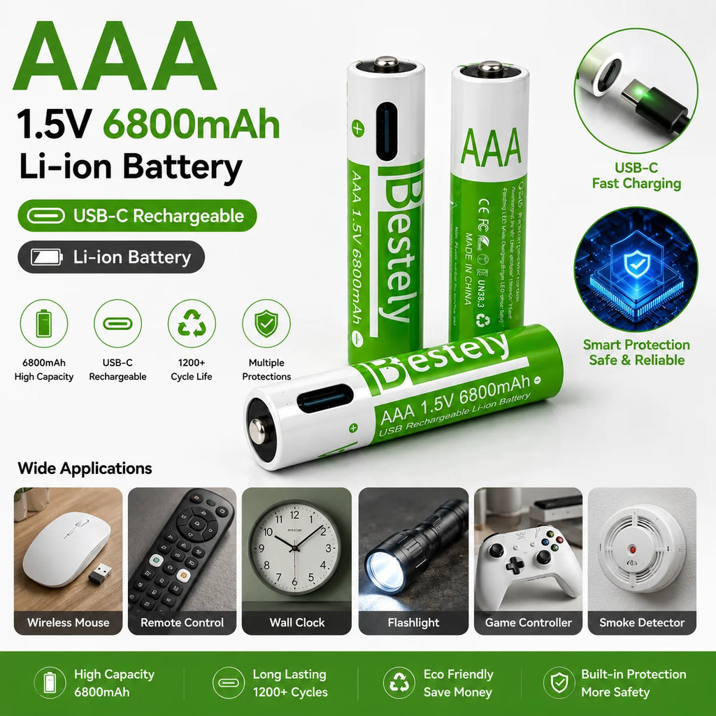 Type-C AAA Rechargeable Lithium Battery 6800mAh Long Runtime Battery for Wireless Devices Remote Control Flashlight Camera Oasis Select