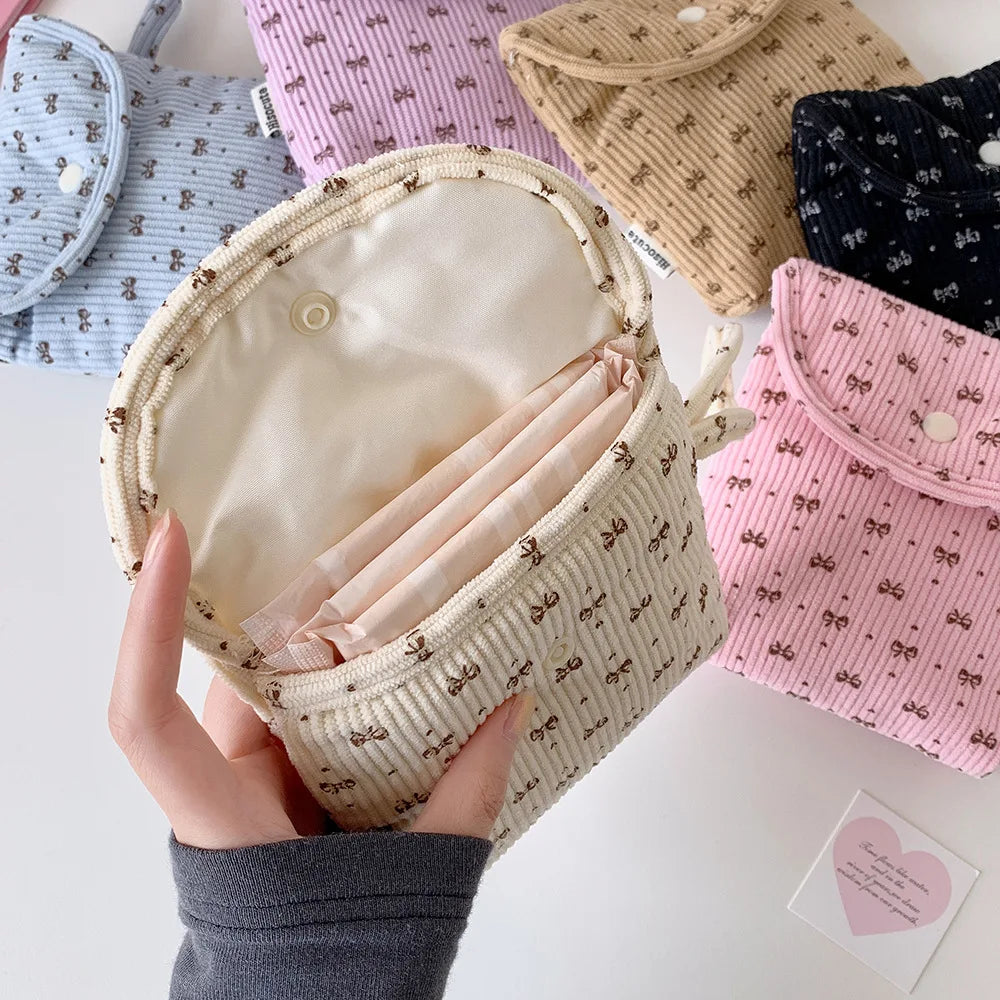 Corduroy Makeup Bag Premium Portable Storage Bag Cosmetic Organizer Bag Spacious Bow Sanitary Napkin Pouch For Gift For Women Oasis Select