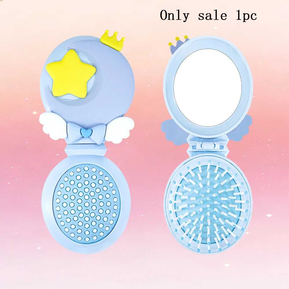 Magic Folding Mirror Comb – Moon & Star 2-in-1 Hair Brush Folding Mirror Comb Oasis Select UV175Moon-blue-02