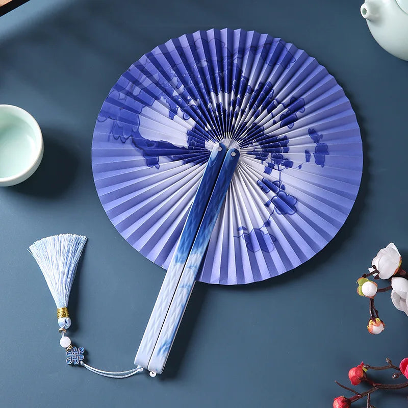 Folding Long-Handle Paper Hand Fan with Tassels, Compact Women's Pocket Fan with Magnetic Closure, Easy to Store and Carry Oasis Select