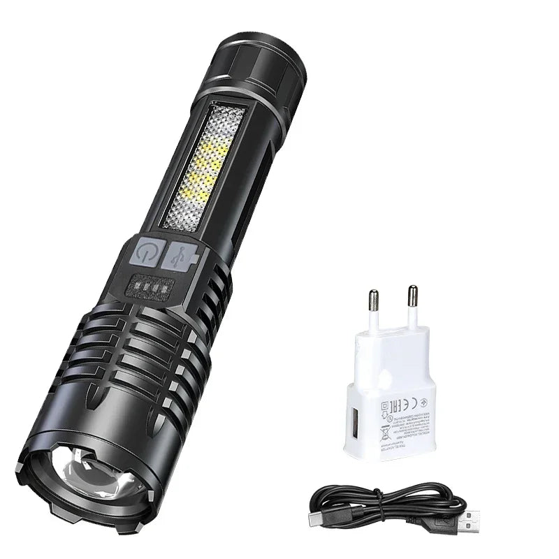 Powerful LED Flashlight Battery Display USB Rechargeable Light Telescopic Zoom Torch Lamp Outdoor Camping Fishing Lantern Oasis Select 1PC with EU Plug ZOOM