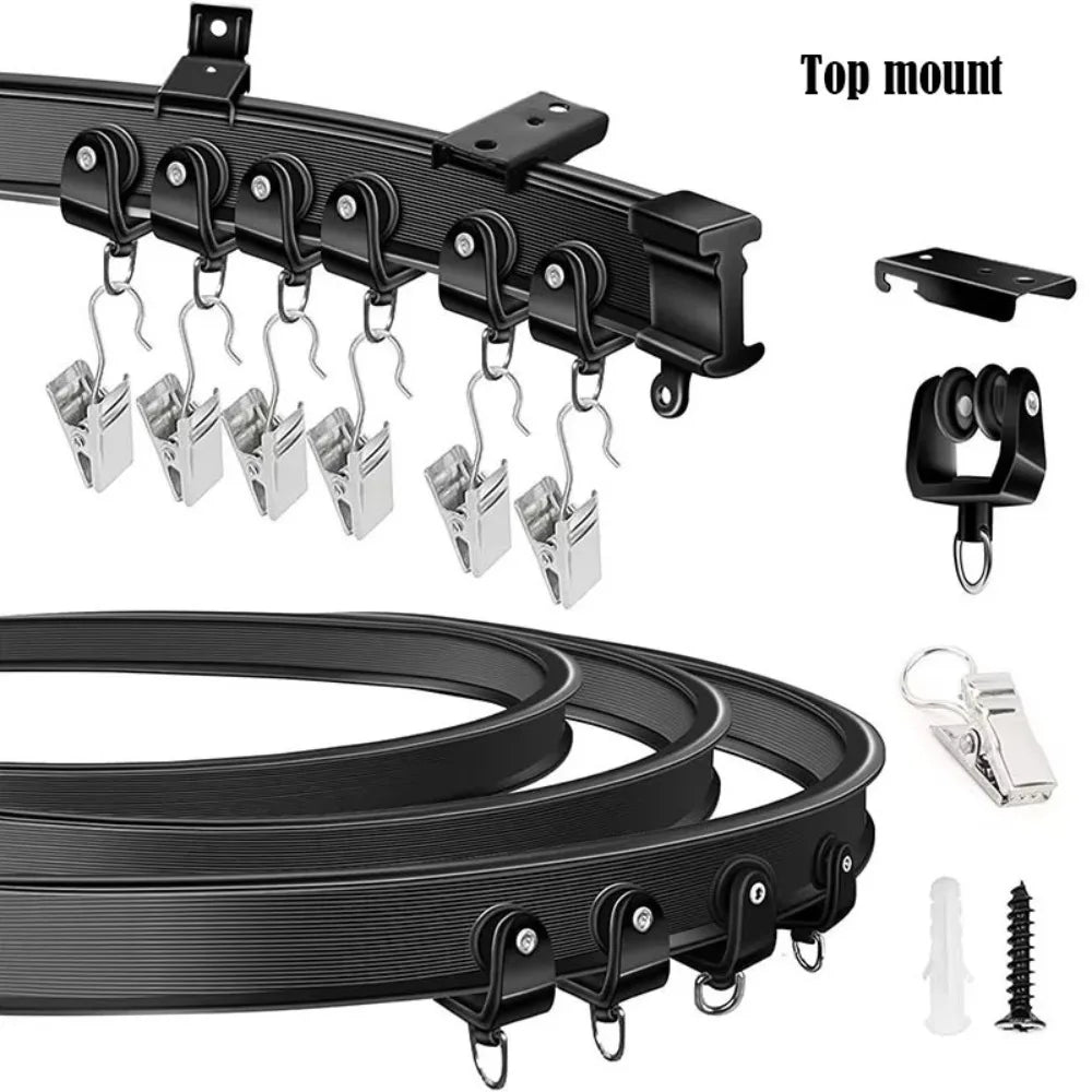 Durable 2/3 Meters Curtain Track Flexible Bendable U-shaped Curtain Slide Curtain Rail Ceiling Wall Mount Oasis Select 2m-Black-Top mount