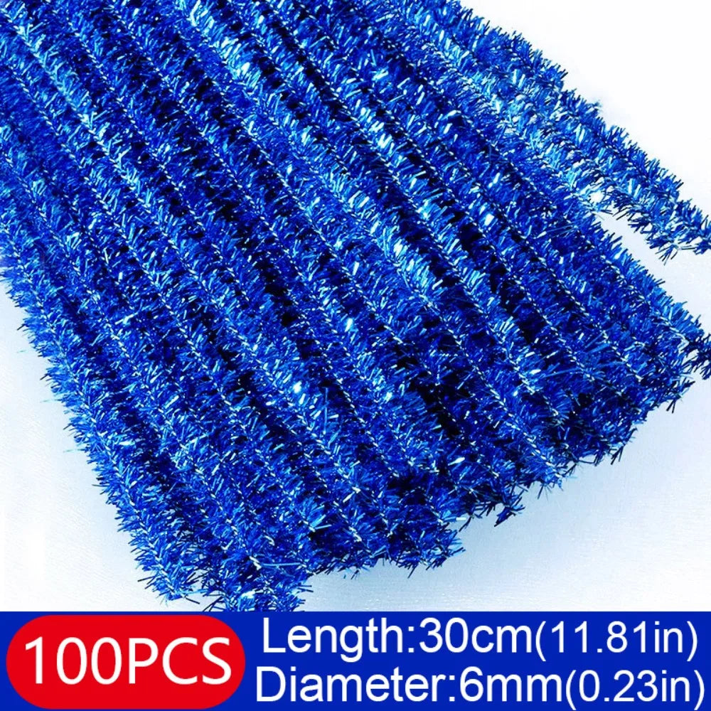 100pcs New 30cm Glitter Chenille Stems Wool Top Christmas DIY Craft Supplies Torsion Bar Tinsel Stems Oasis Select Blue