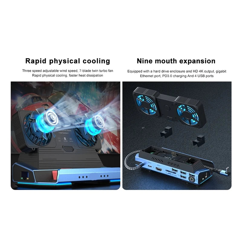 WISH 10-In-1 Type-C Game Docking Station For Steam Deckrog Ally/Switch M.2 Pcie Nvme Hard Disk Box,USB C HUB 4K60HZ Dual Fan Oasis Select