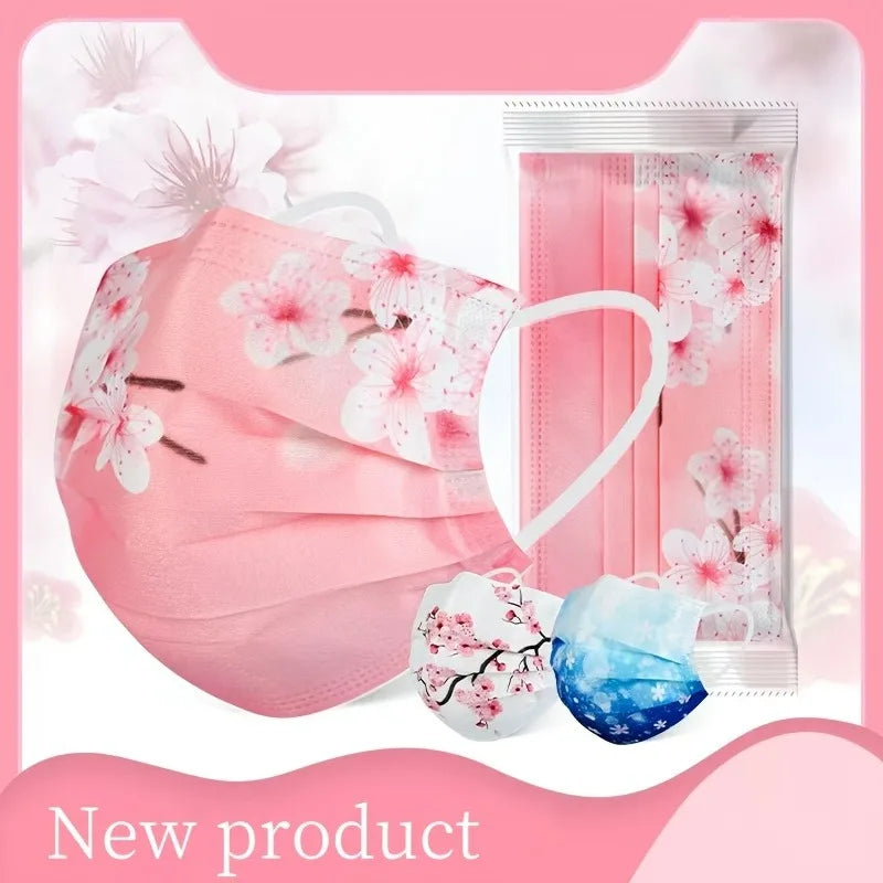 10pcs Romantic Floral & Starry Sky Print Face Masks for Women, 3-Layer Woven Polypropylene, Elastic, Breathable & Sun-Protective Oasis Select 10pcs pink