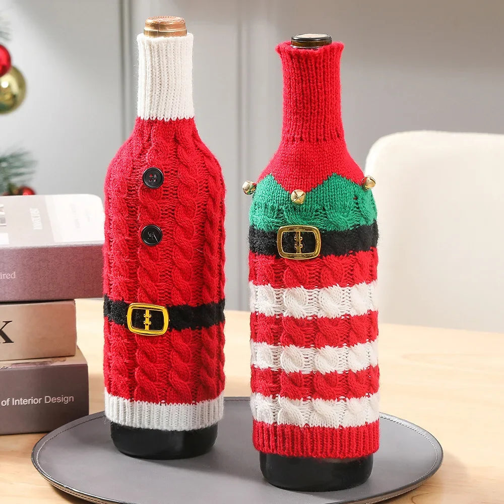 New Christmas decorations Knitted striped creative wine bottle sleeve Kitchen restaurant wine bottle dress up gift bag Oasis Select