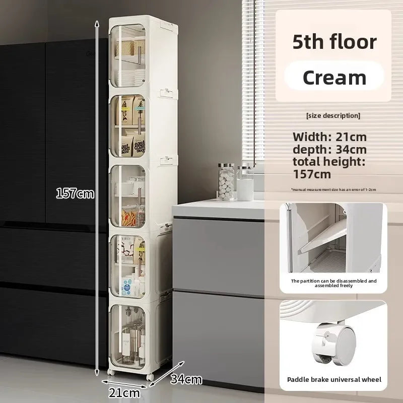 Multi-functional Crack rack kitchen locker refrigerator very narrow 21cm wide storage cabinet bathroom trolley Oasis Select Cream-5