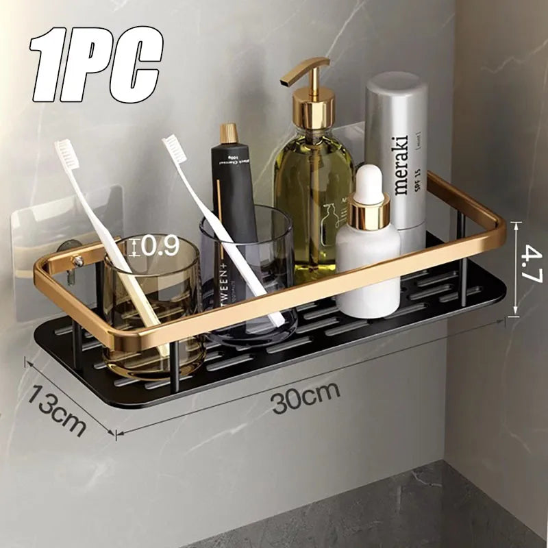 1-3 Piece Bathroom Shelves Drill-Free Shower Organizer Shelf Bathroom Toilet Space Aluminum Corner Shelf Bathroom Accessories Oasis Select Black Gold 1PC