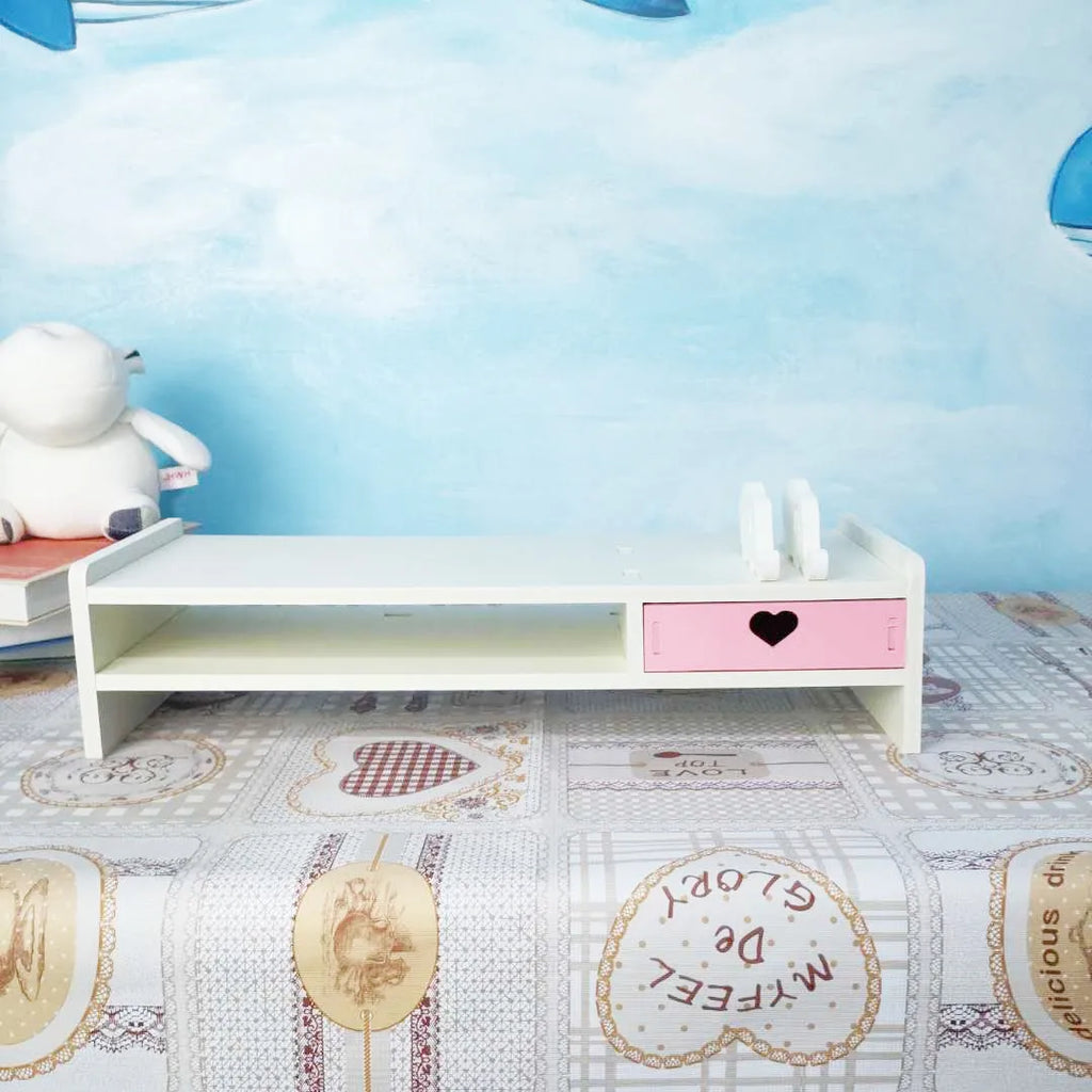 Monitor Stand with Drawer & Desk Storage Rack | White & Pink