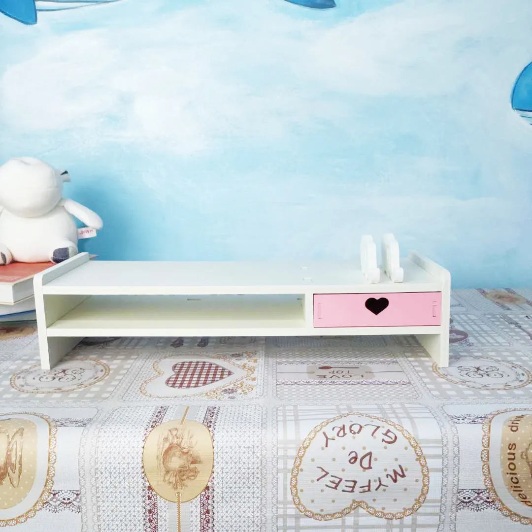 Monitor Stand with Drawer & Desk Storage Rack | White & Pink