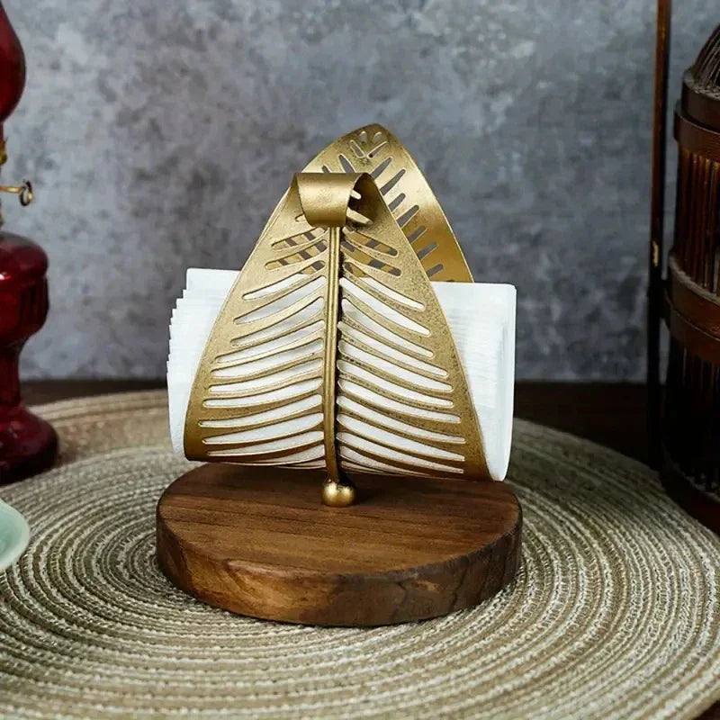 Luxury Golden Leaf Paper Towel Rack Hollow Metal Light for Home Restaurant Hotel Desktop Storage Organizer Oasis Select