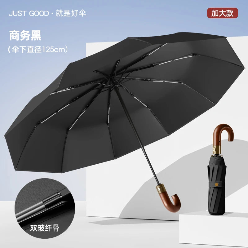 Automatic Umbrella Bent Hook Wooden Handle Umbrella Large Double Thickened Storm Resistant Umbrella Oasis Select Black 125cm 10K metal-fiber composite