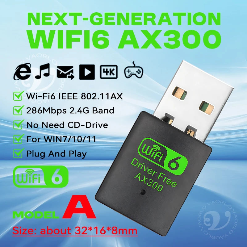 WiFi6 USB Wireless Network Card 2.4G High-Speed AX300 Drive Free Mini WI-FI Adapter Receiver Dongle WLAN 286Mbps For Win 7/10/11 Oasis Select Model A 1PCS