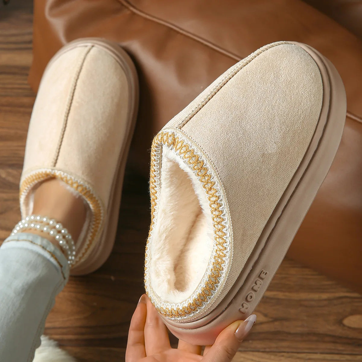 Ladies' cozy fleece slippers, soft-soled home winter warming shoes, men's indoor and outdoor shoes, elegant couple slippers Oasis Select Khaki 42-43