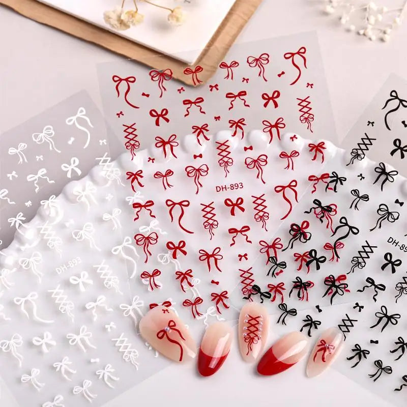 SUSU 1PC Bow Nail Art Stickers 3D Cute Red Pink Black Bowknot Nail Charms Foils Gold Laser Effect Bow Manicure Decor Oasis Select