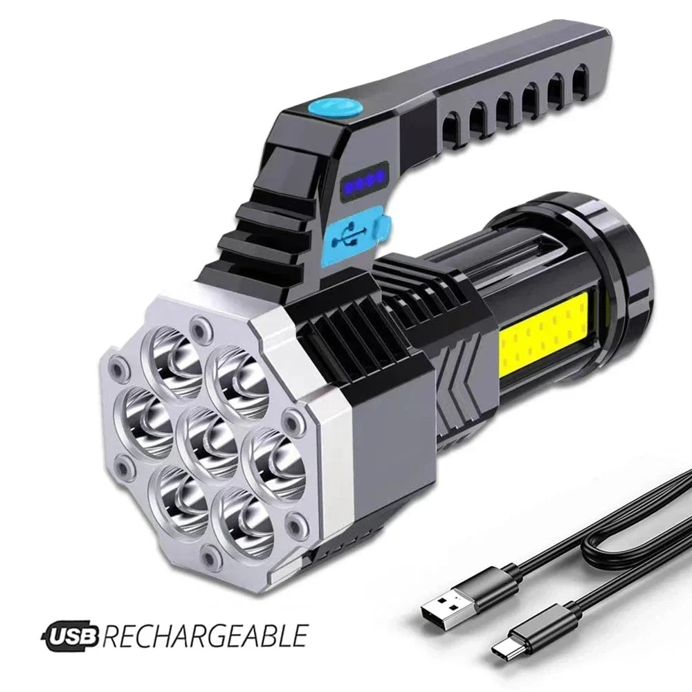 High Power Rechargeable Led Flashlights 7LED Camping Torch With Cob Side Light Lightweight Outdoor Lighting ABS Material Oasis Select