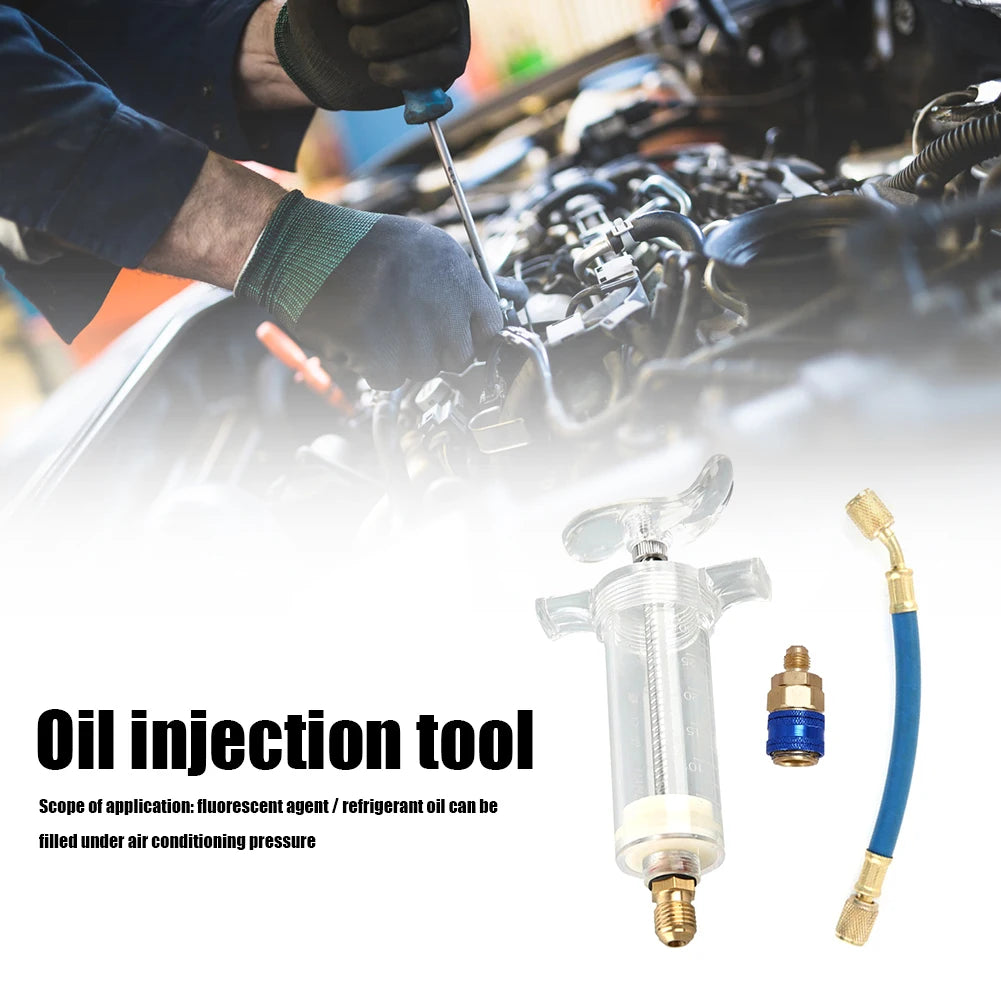 Auto A/C Oil/Dye Injector 1Oz with 134a Low Side Quick Coupler Adapter 1/4" Air Conditioning Coolant Filling Tube Injection Tool Oasis Select