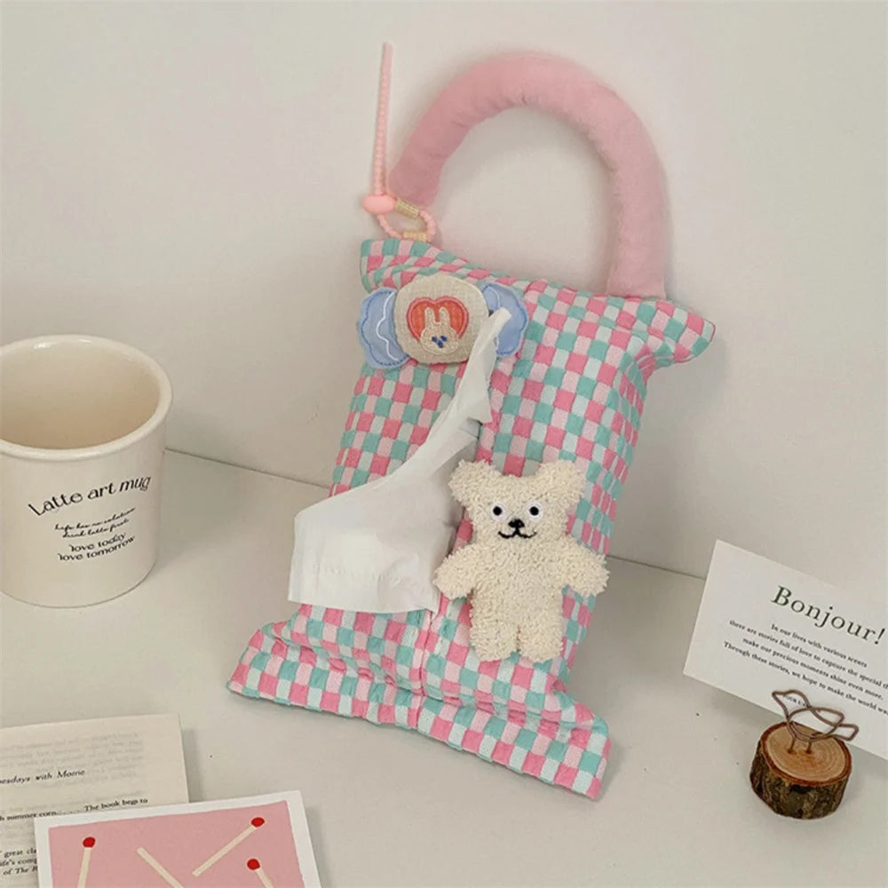 Pink Plaid Fabric Tissue Box Portable Hanging Tissue Case Living Room Container Home Car Towel Napkin Holder Home Decoration Oasis Select